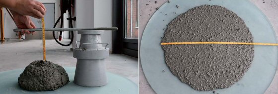 Sætmål for traditionel beton til venstre målt som sammensynkningen af en 300 mm høj betonkegle. Flydemål i form af diameteren for et tilsvarende SCC prøveemne ses til højre.